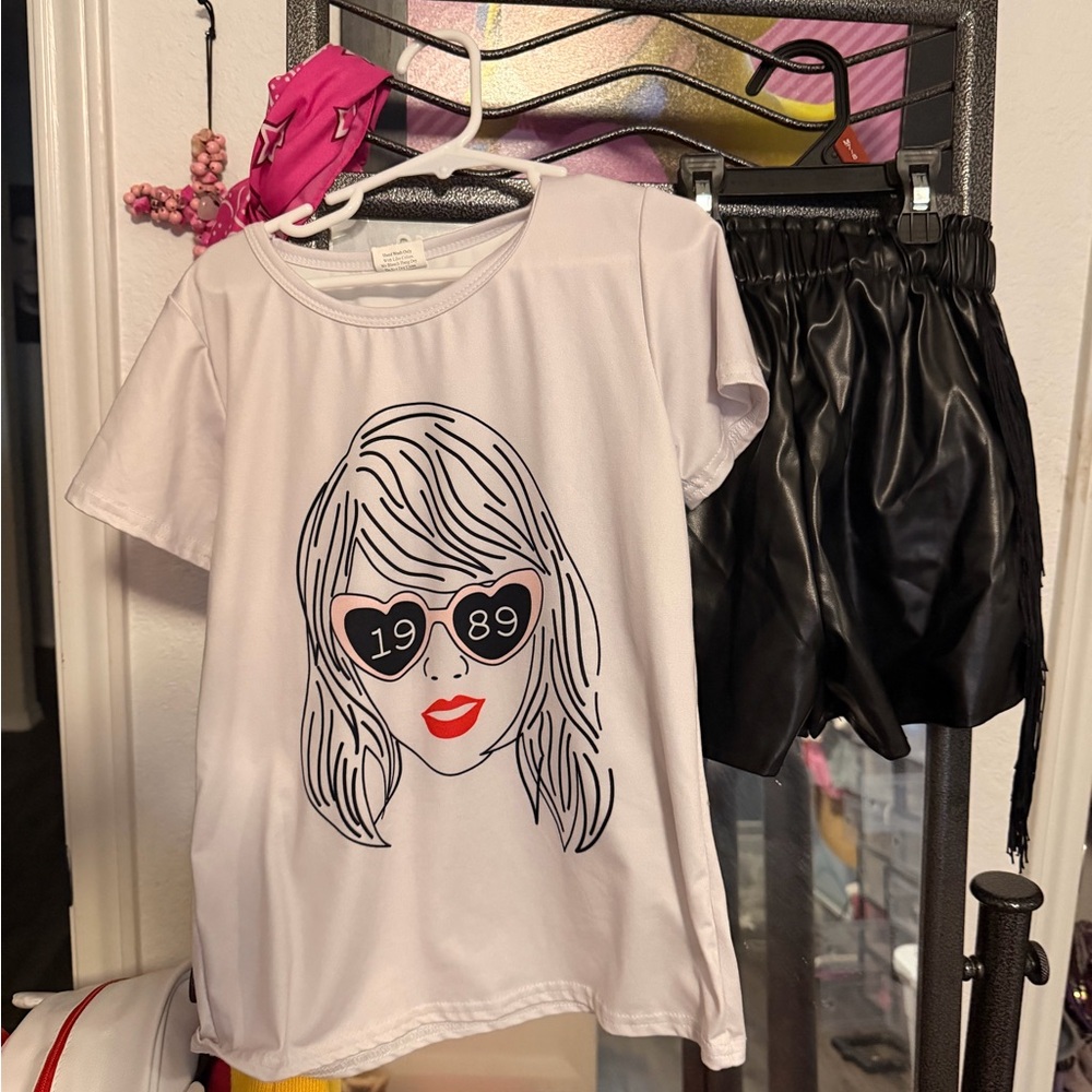 Taylor Swift boutique shirt and faux leather shorts with fringe Kids size 7/8
